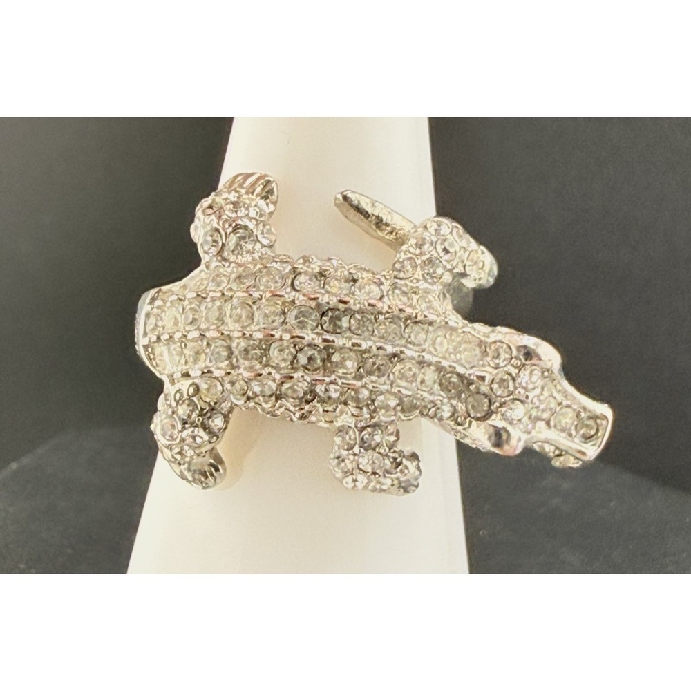Crocodile Ring Black Eyes Rhinestone Silver Tone Size 9